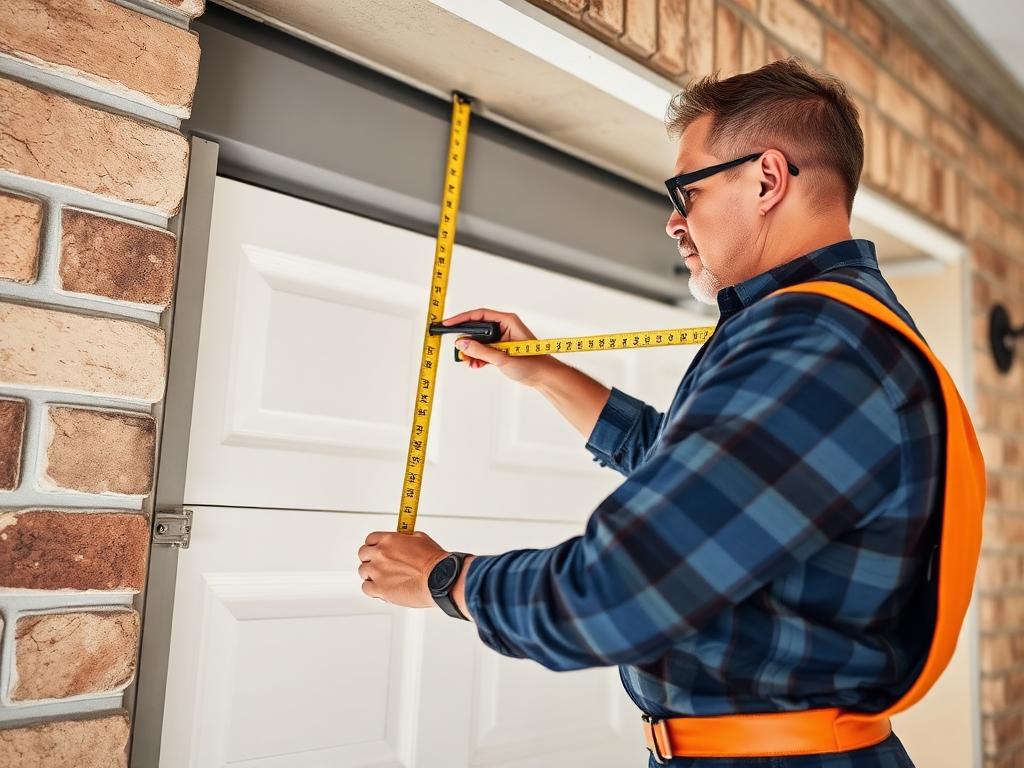 Homeowner measuring garage door opening with tape measure for cost estimation
