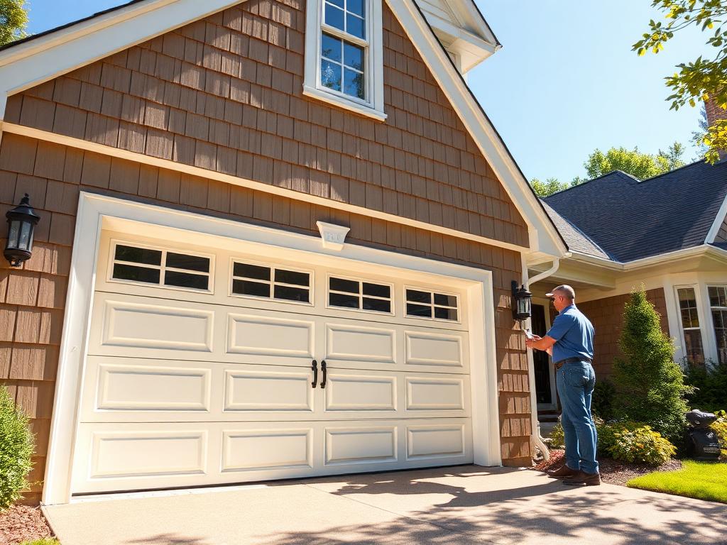 Residential garage door on sunny summer day with homeowner inspecting weather seals