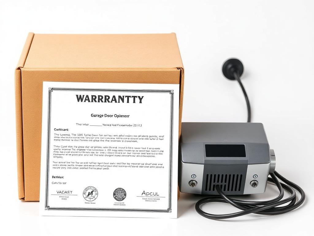 Warranty documentation and paperwork next to new garage door opener hardware